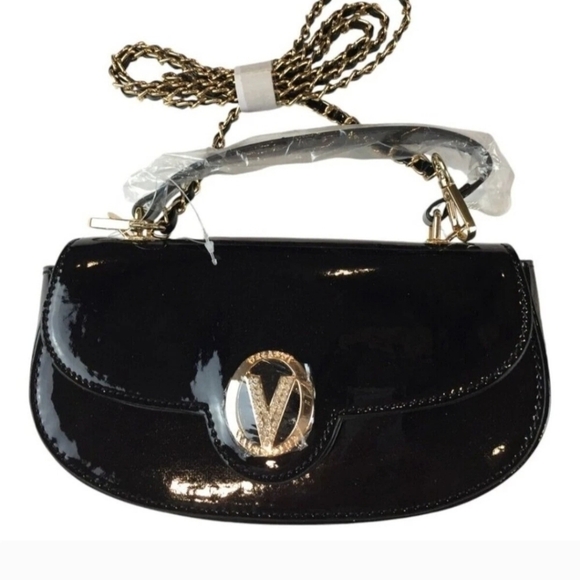 NWT Valentino Orlandi Black Patent Leather Mini Handbag Gold Chain Strap V Logo - Picture 4 of 7